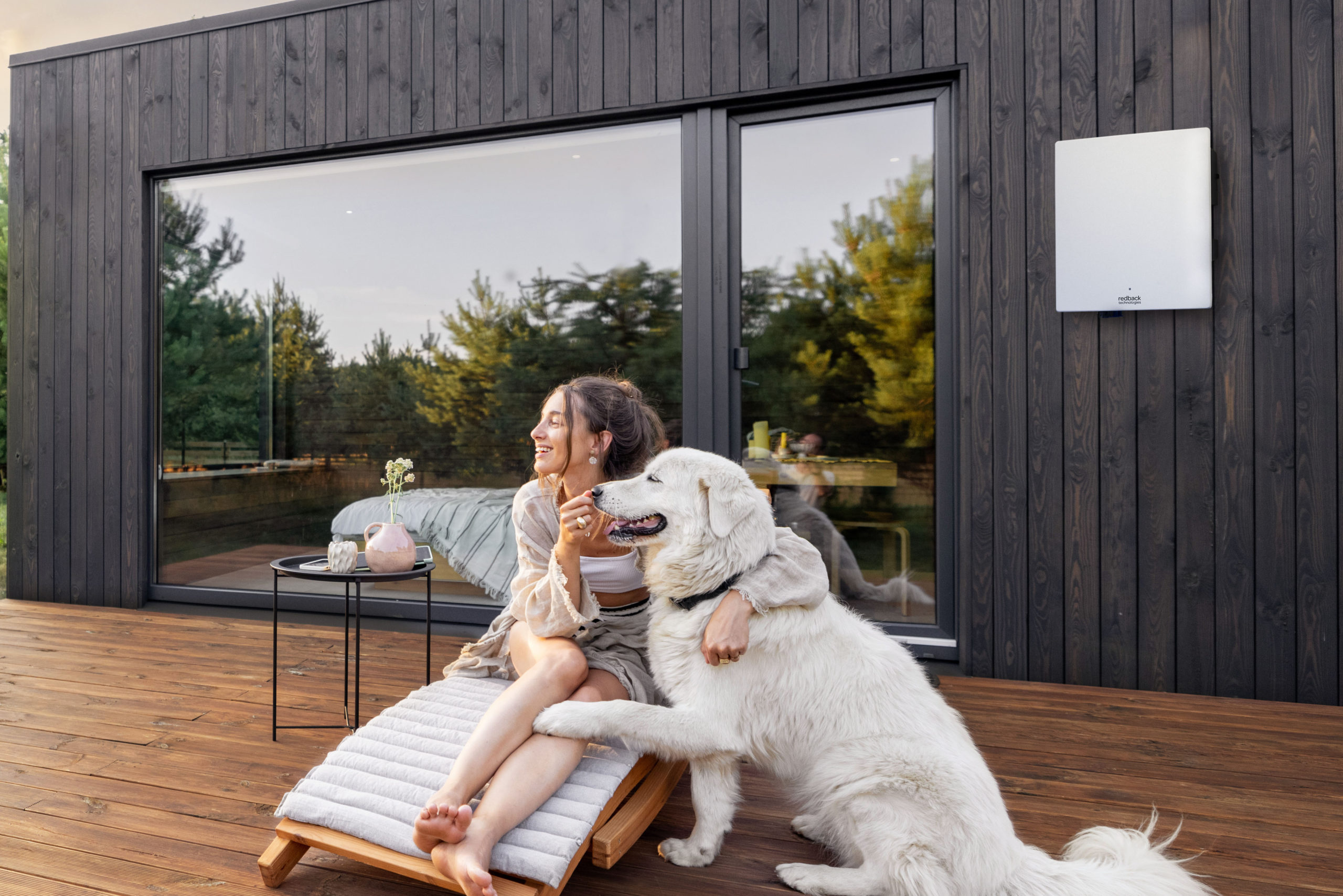 Redback Solar Smart Inverter shown on a wall with a young woman looking at the sky with her dog