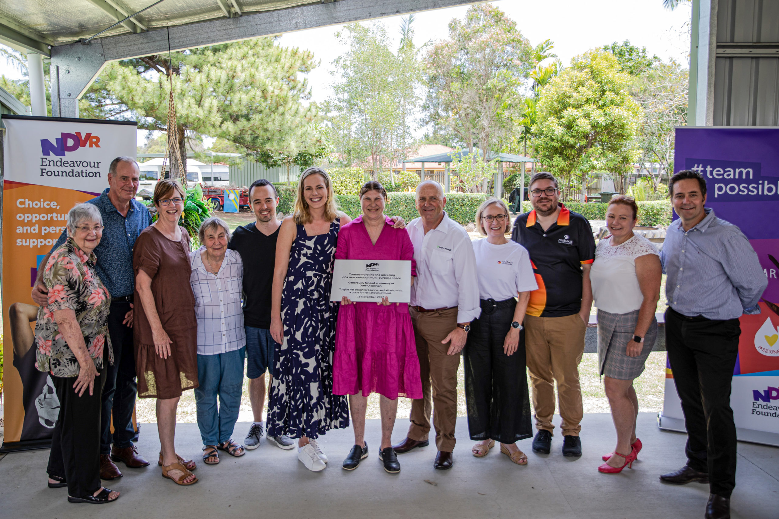 Representatives of Endeavour, Redback Technologies and Ecovantage Solar pose for photograph with the donors at the L&L Centre in Bundaberg