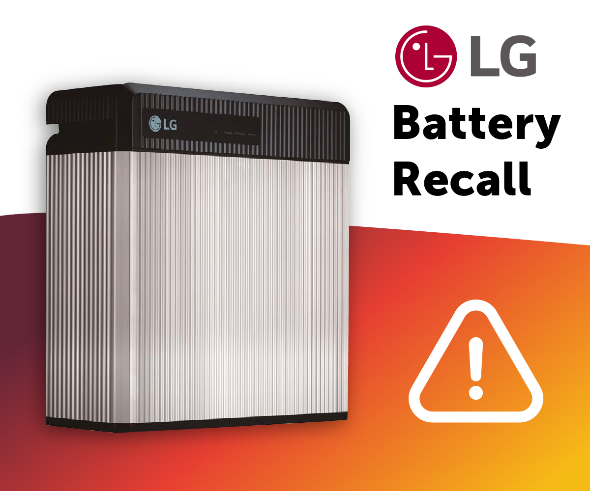 An image of the LG battery with a warning symbol and LG Battery Recall written next to it.