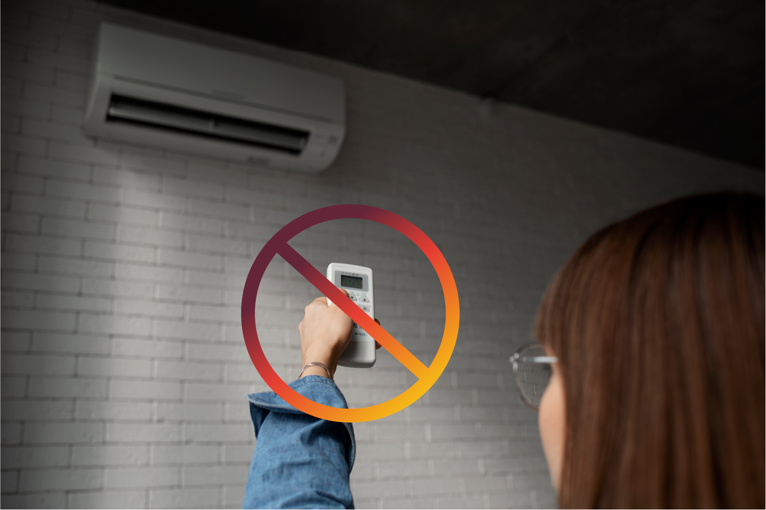 Young woman using remote to turn on Air Conditioning unit