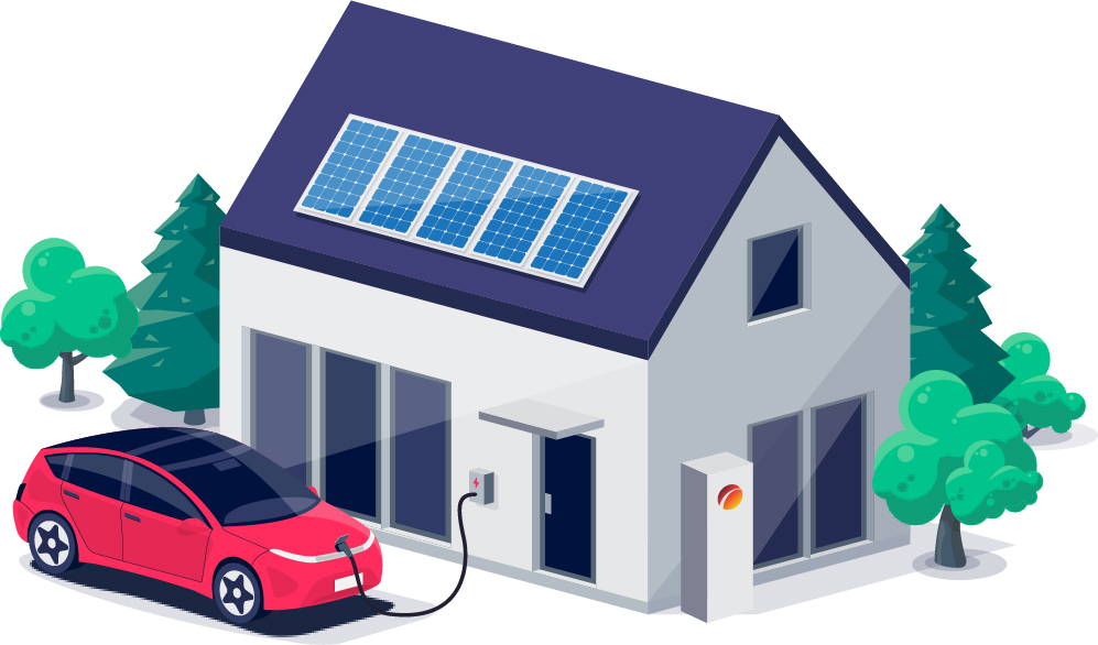 An illustration of a house with solar panels on the roof and an electric vehicle plugged in.