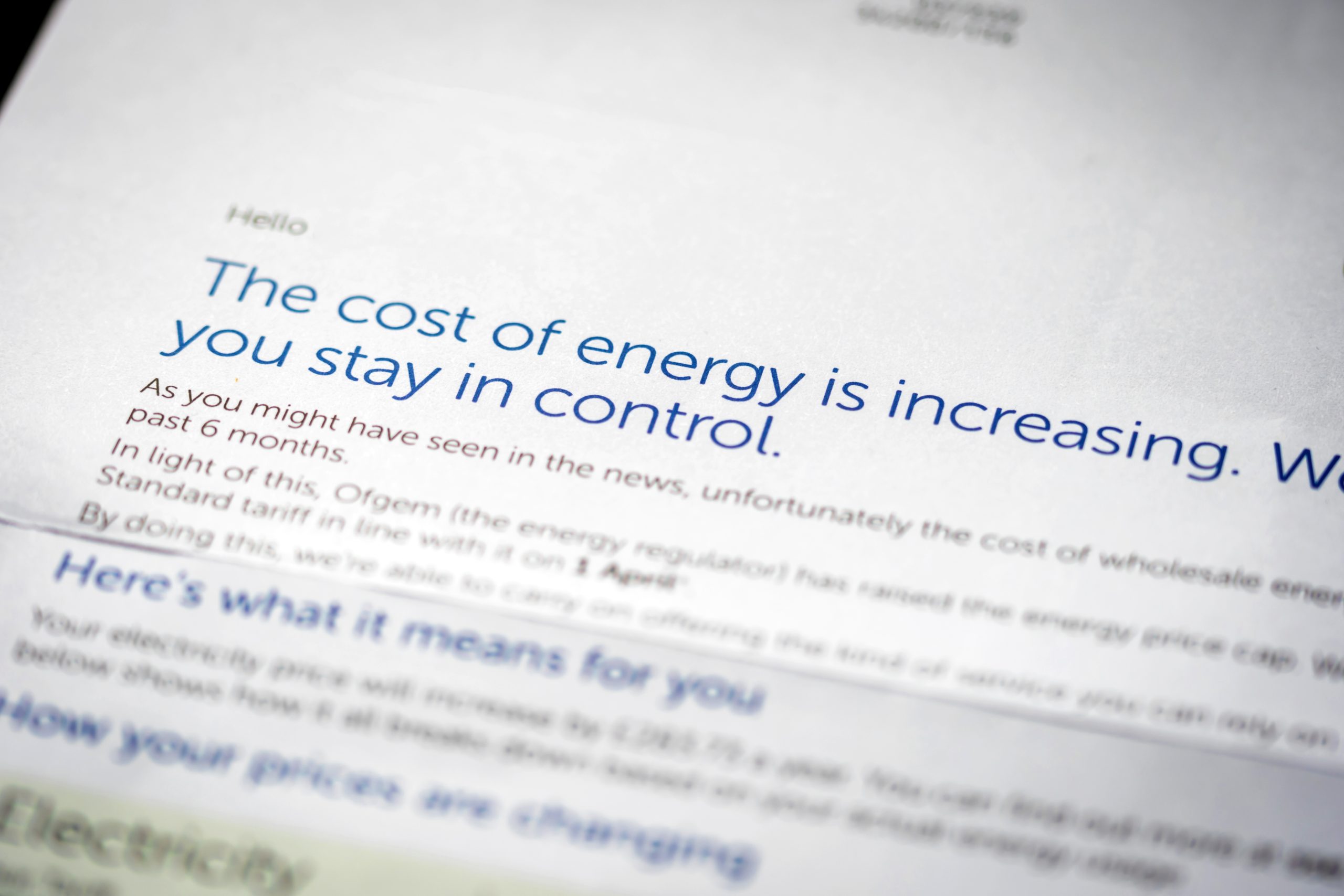 Paper bill informing a customer that their energy bill is increasing