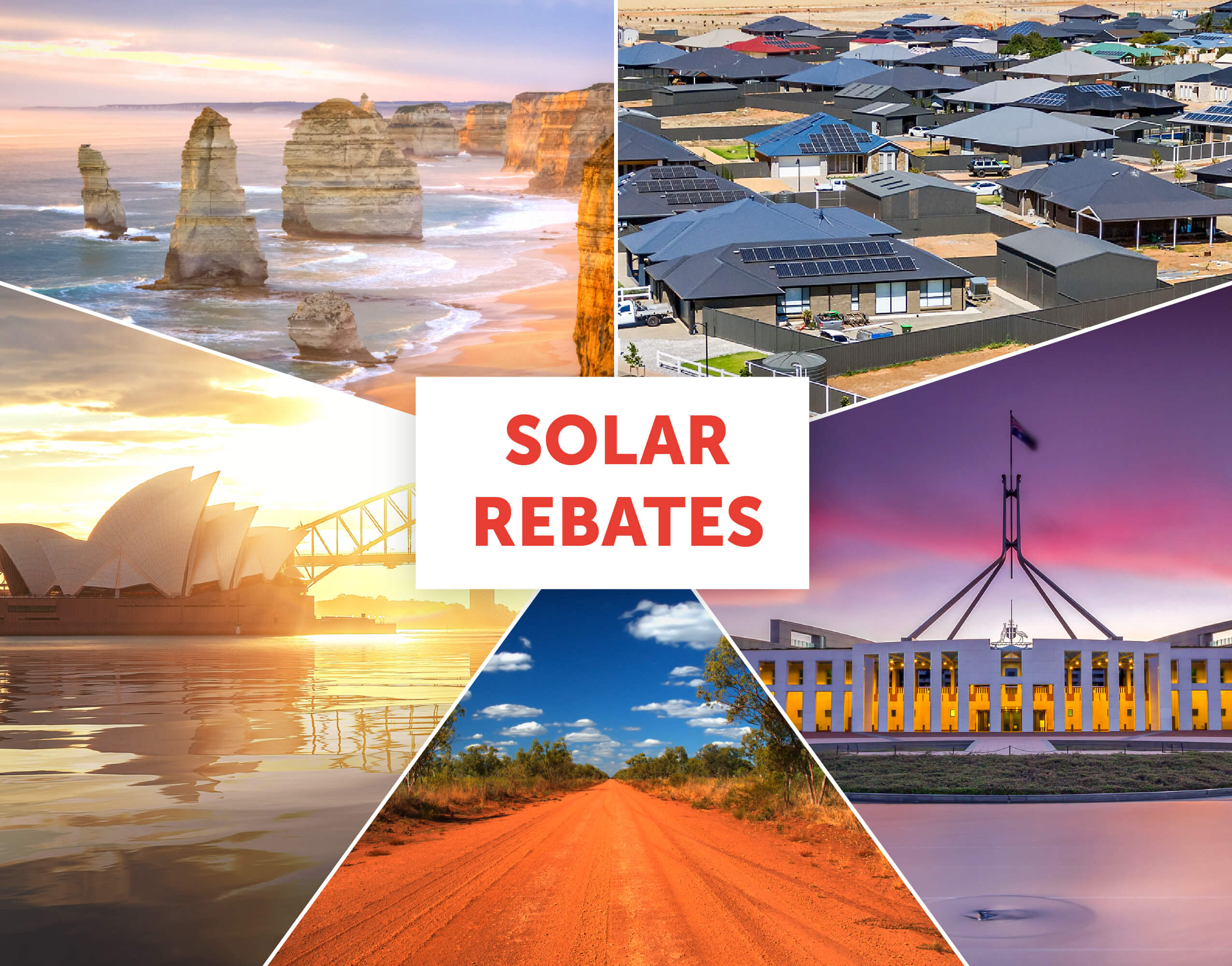 Multiple photos of Australian landmarks with the words "Solar Rebates" in the centre