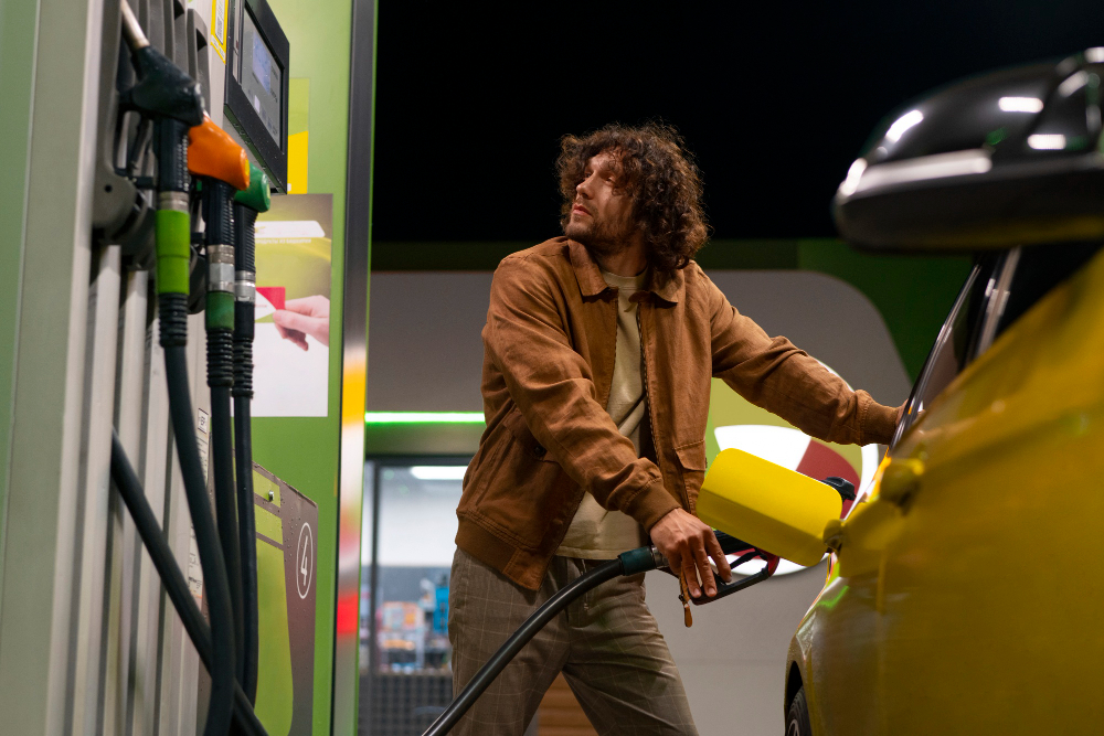 Man filling up a car with regular unleaded petrol